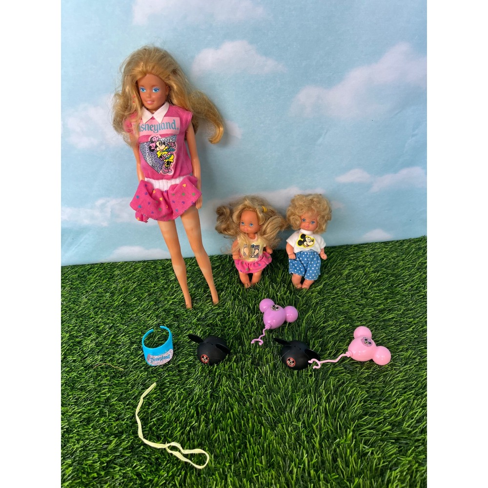 Vintage Barbie Disneyland Doll Set with 2 Toddlers Mickey Ears Balloons 1990s